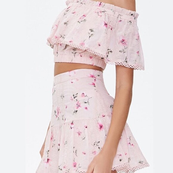 Forever 21 Floral Flounce Off Shoulder Embroidered Crop Top Skirt Coord Set b71 - Picture 2 of 9